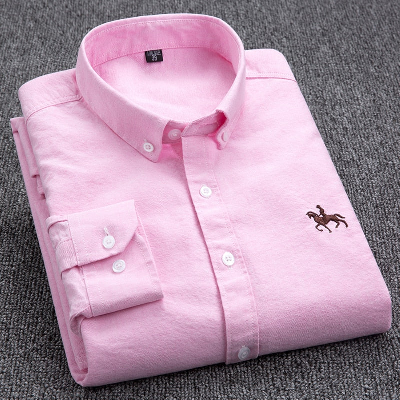 Embroidery Horse Pocket Solid Turn-Down Collar Shirt