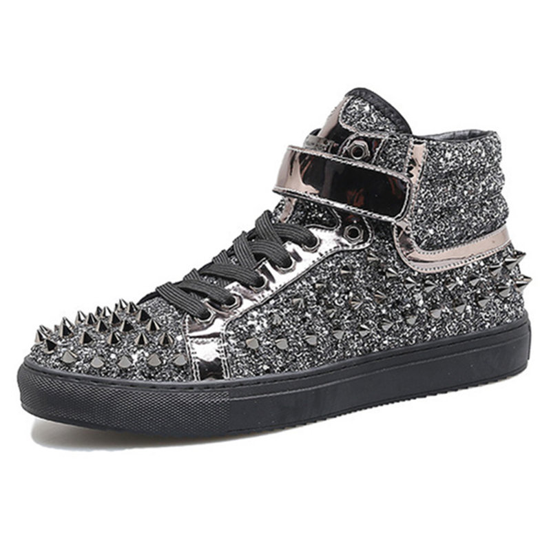 Black Silver PU Leather Rivets Men High Top Fashion Shoes