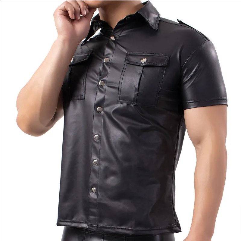 Black PU Sexy Fitness Tops Slim Style Men Shirt