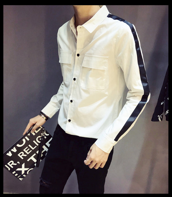 Cotton Double Pocket Stripe Sleeves Men Slim Shirt - FanFreakz