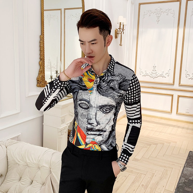 Man Face Printing Colour Splice Design Men Shirt