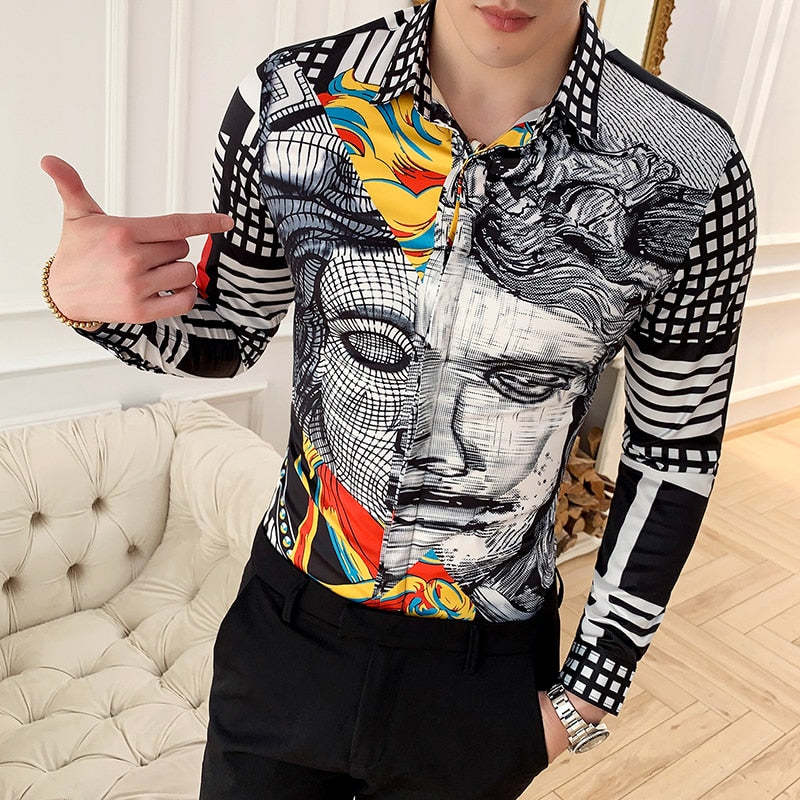 Man Face Printing Colour Splice Design Men Shirt