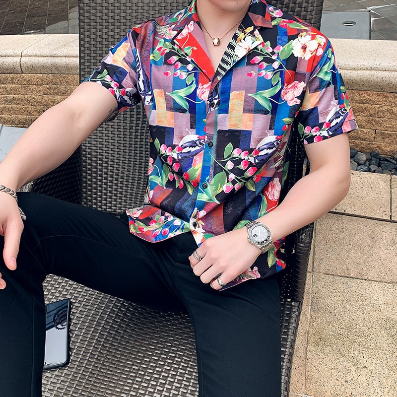 Flower in Plaid Brick Pattern Print Men Short Sleeves Shirts