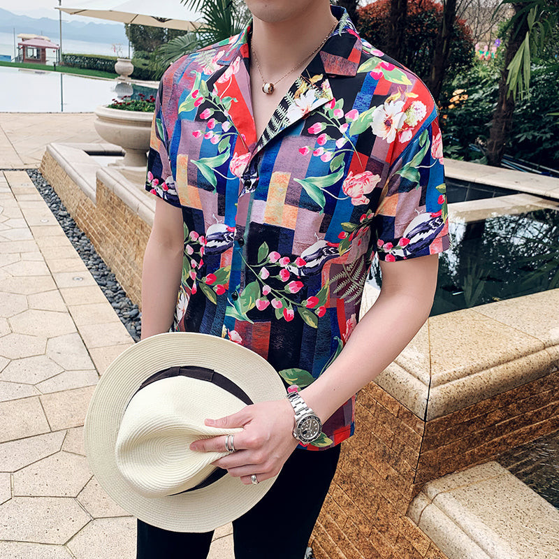 Flower in Plaid Brick Pattern Print Men Short Sleeves Shirts