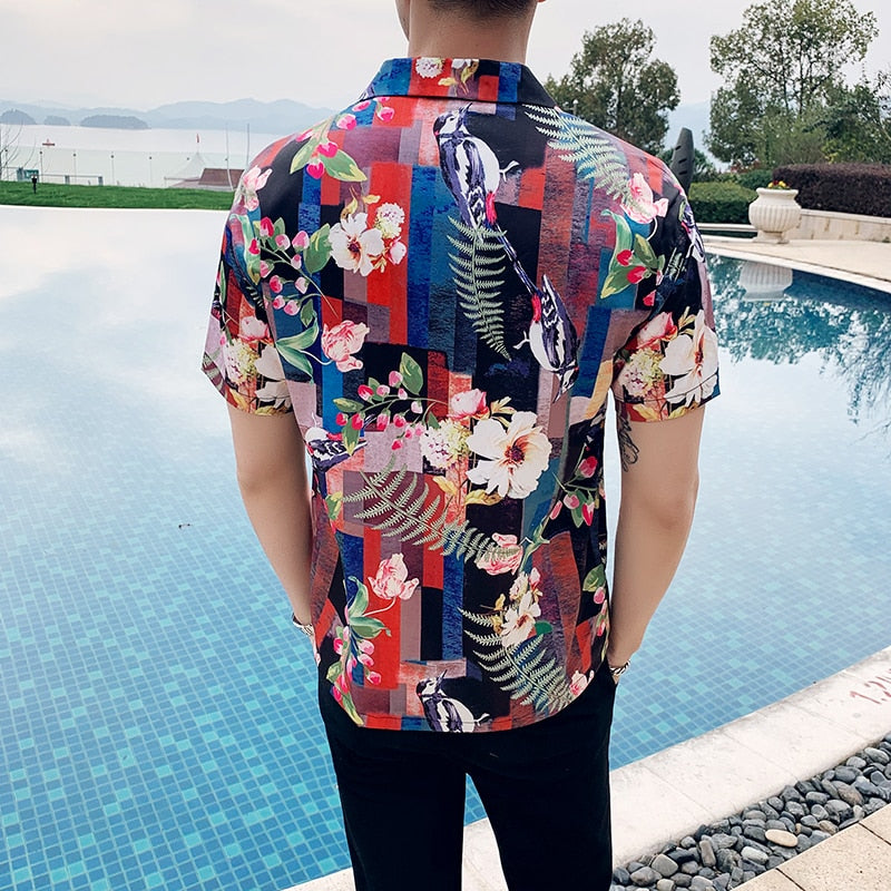 Flower in Plaid Brick Pattern Print Men Short Sleeves Shirts