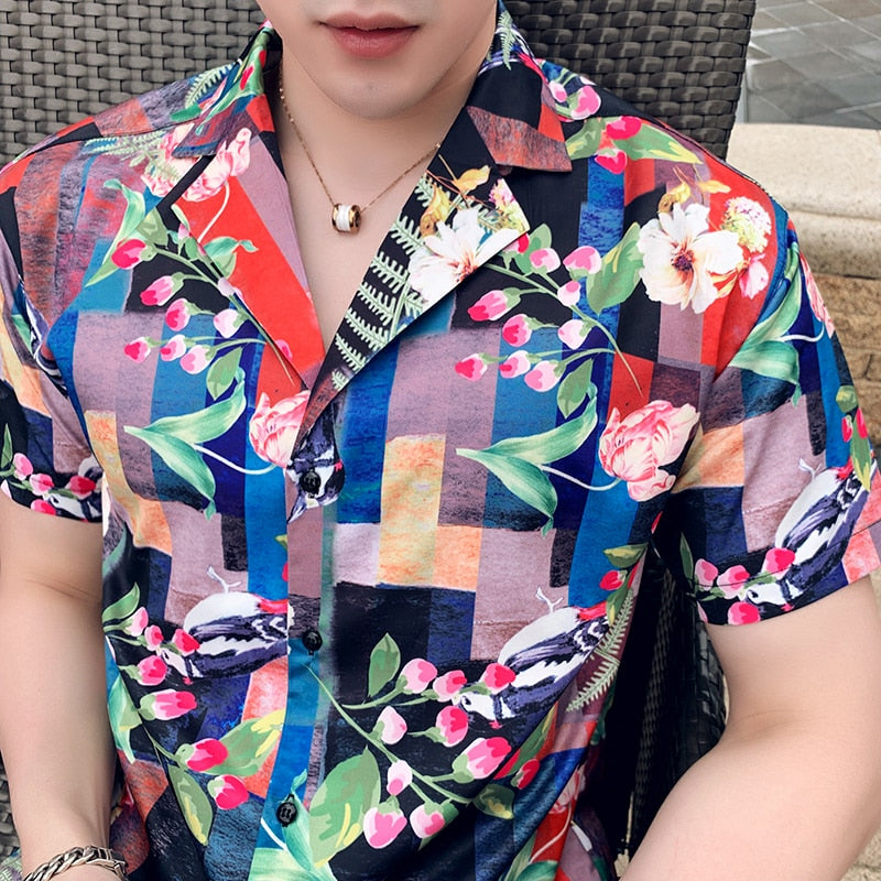Flower in Plaid Brick Pattern Print Men Short Sleeves Shirts