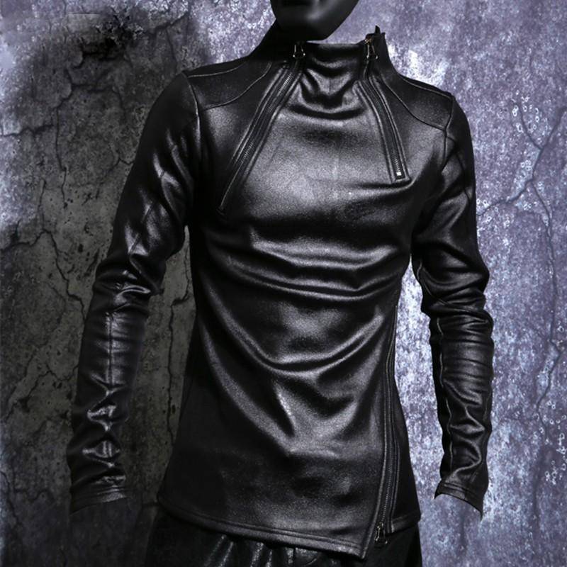 Black Stand Collar Gothic Slim Fit Punk Men Faux Leather Jacket