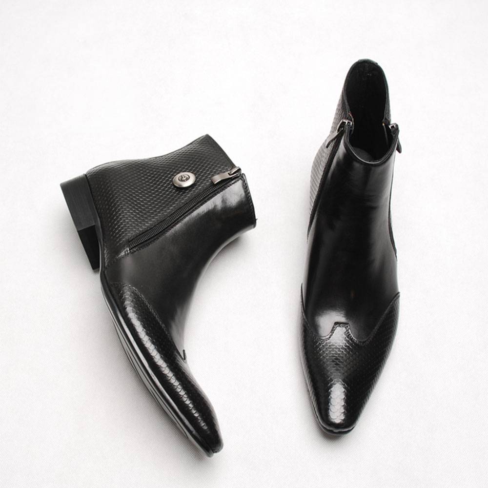 Double Zippers Ankle High Pointed Toe Men Leather Boots
