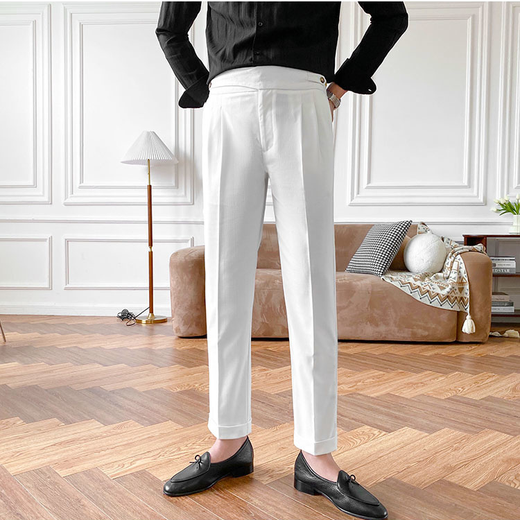 Solid Color High Waist Polyester Trousers