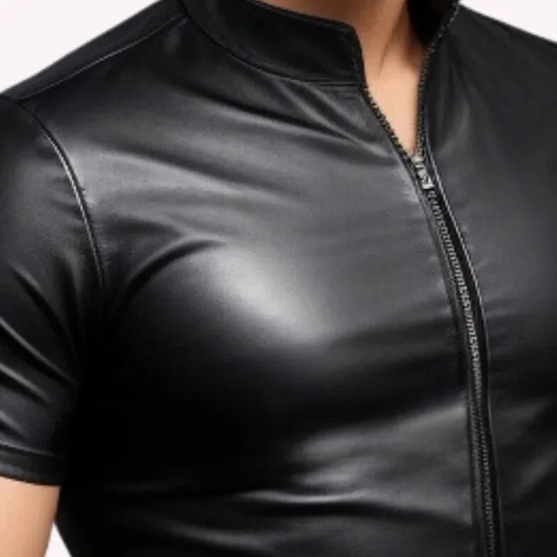 Solid Black Leather Zipper Shirt