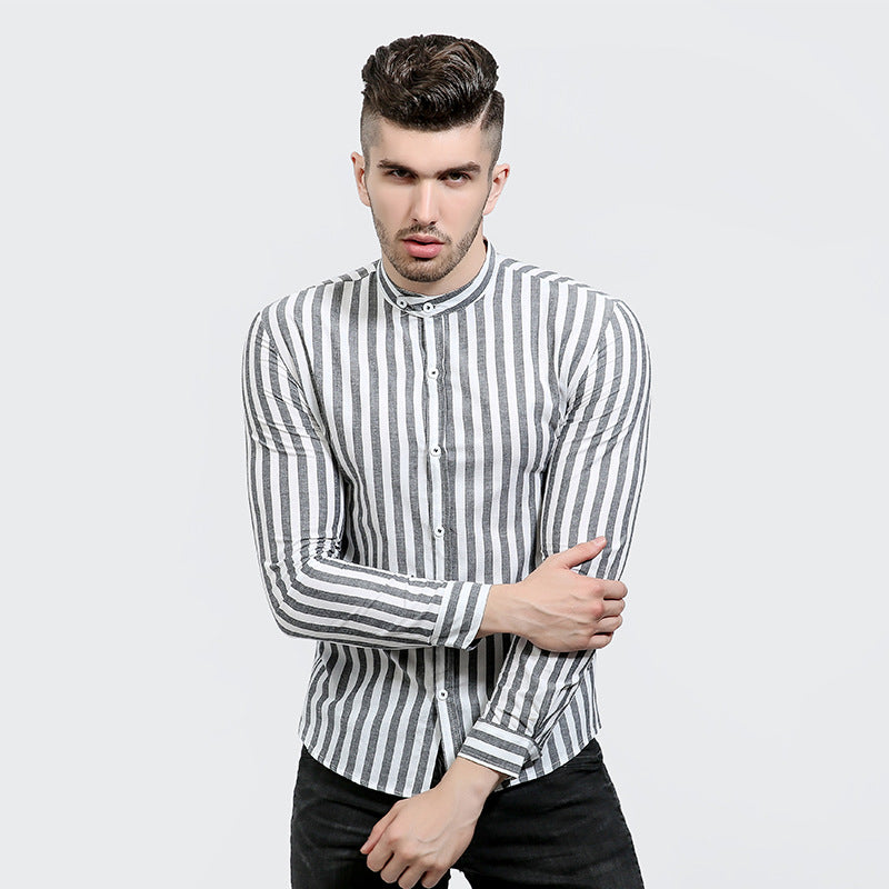 Classic Red Striped Mandarin Collar Men Slim Fit Long Sleeves Shirt - FanFreakz