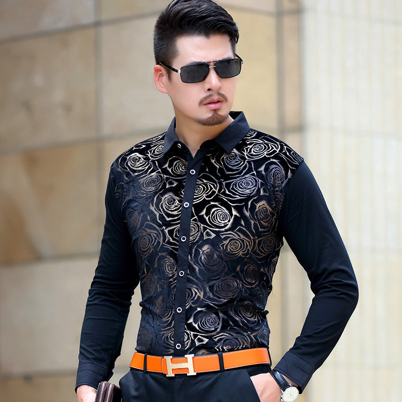 Dark Gold Floral Velvet Men Long Sleeves Shirt - FanFreakz