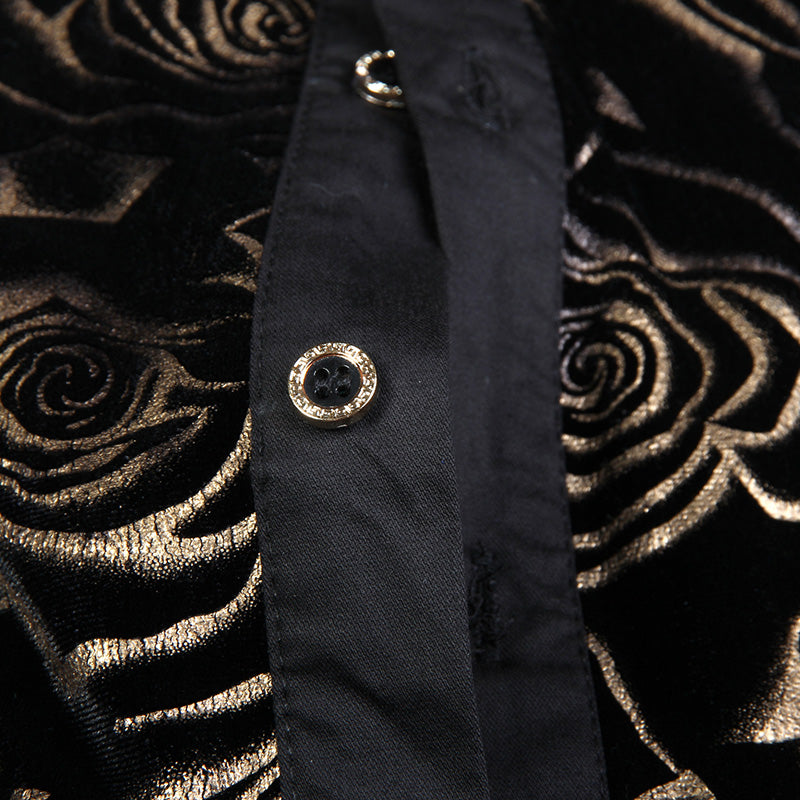 Dark Gold Floral Velvet Men Long Sleeves Shirt - FanFreakz