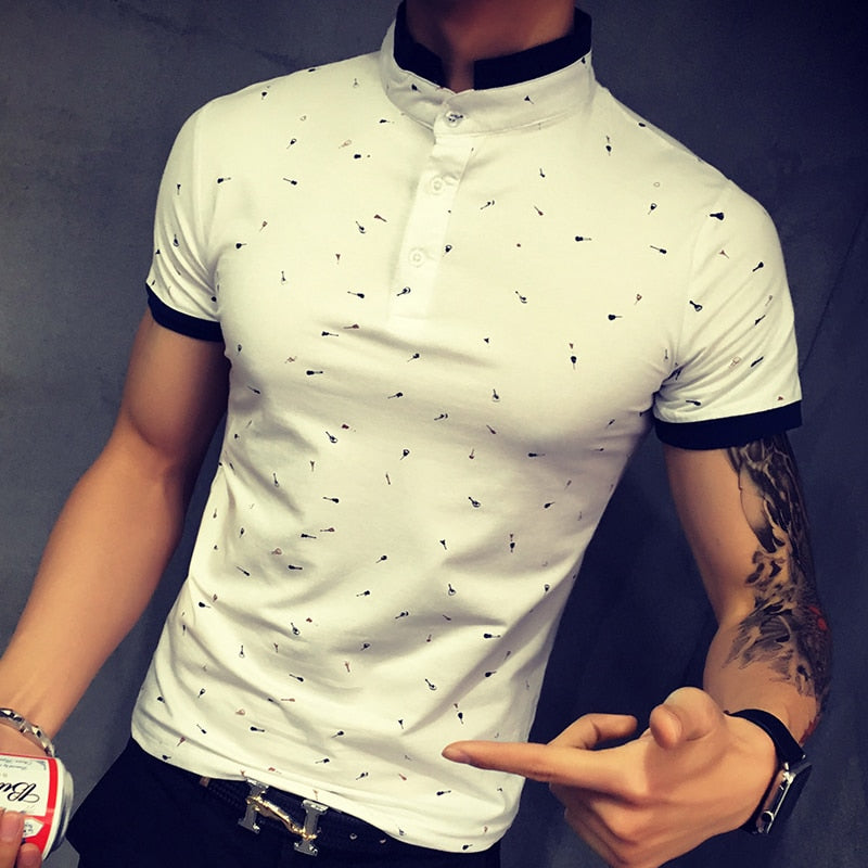 Dot Guitar Printed Stand Collar Short Sleeve Style Men Polo Shirt