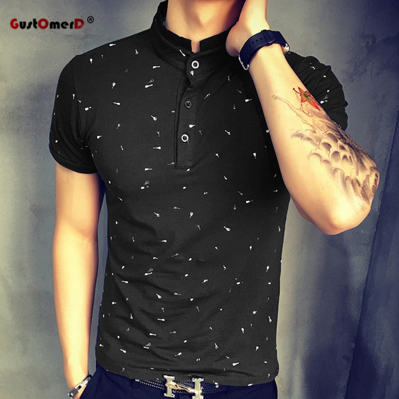 Dot Guitar Printed Stand Collar Short Sleeve Style Men Polo Shirt