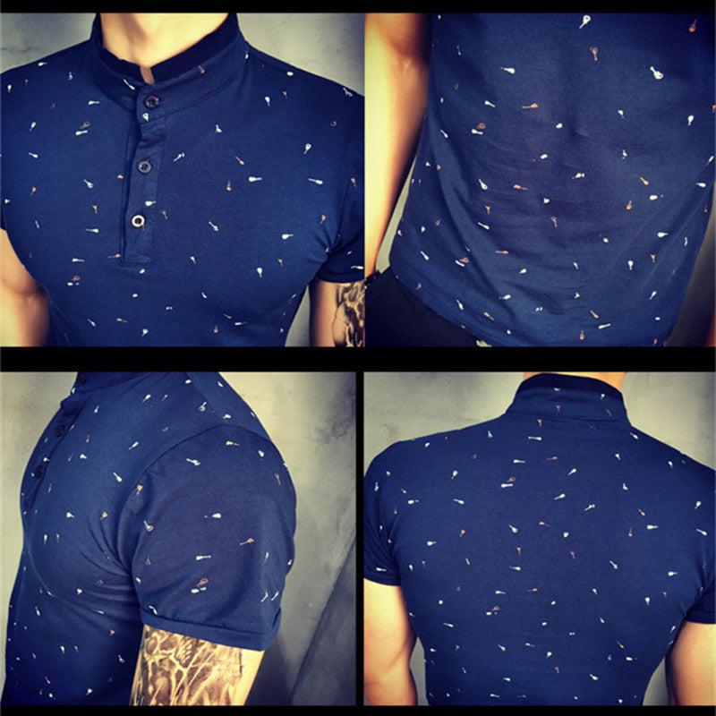 Dot Guitar Printed Stand Collar Short Sleeve Style Men Polo Shirt