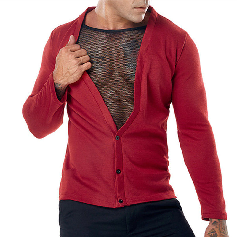 Deep V-Neck with See Through Mesh Men Long Sleeves Shirt