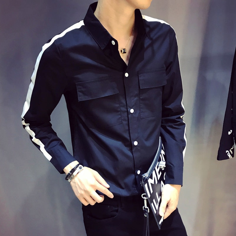 Cotton Double Pocket Stripe Sleeves Men Slim Shirt - FanFreakz