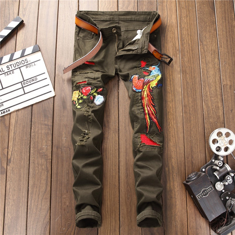 Green with Animal Flower Embroidery Hole Ripped Spliced Casual Style Men Jeans