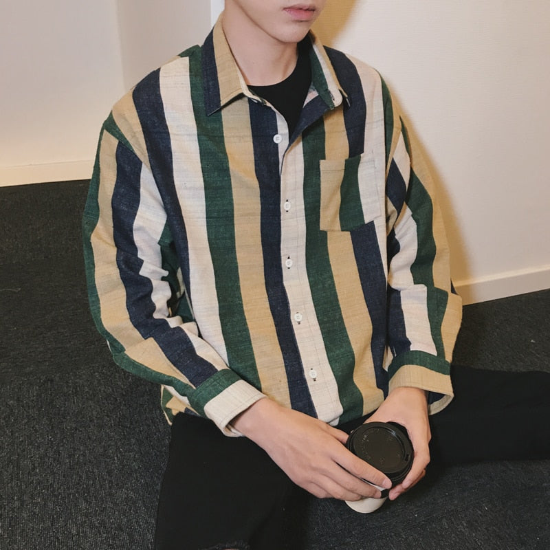 Newest Fashion Stripe Loose Casual Long Sleeves Style Men Shirts