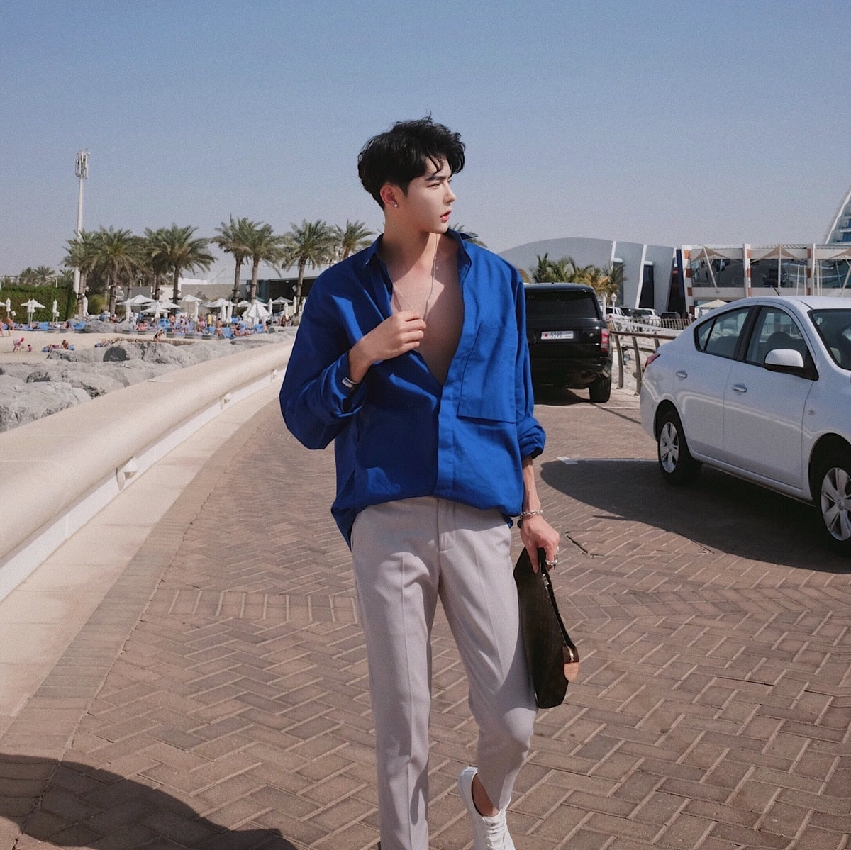 Korean Classic Blue Long Sleeves Loose Style Men Shirts