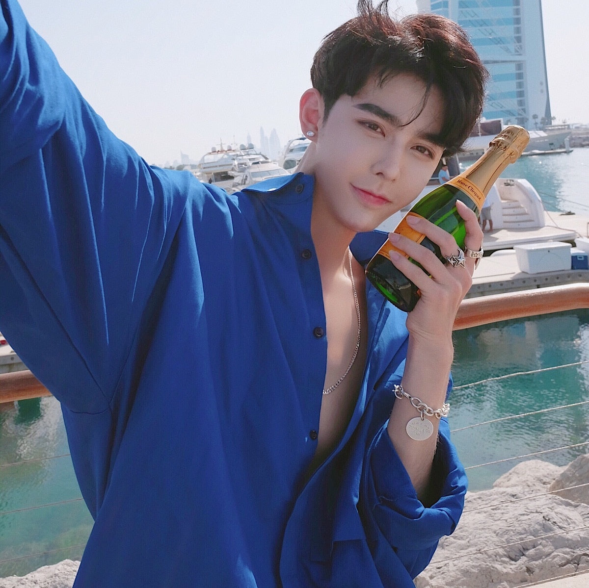 Korean Classic Blue Long Sleeves Loose Style Men Shirts