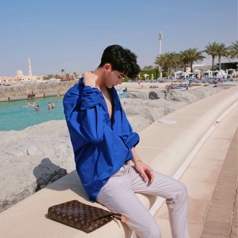Korean Classic Blue Long Sleeves Loose Style Men Shirts