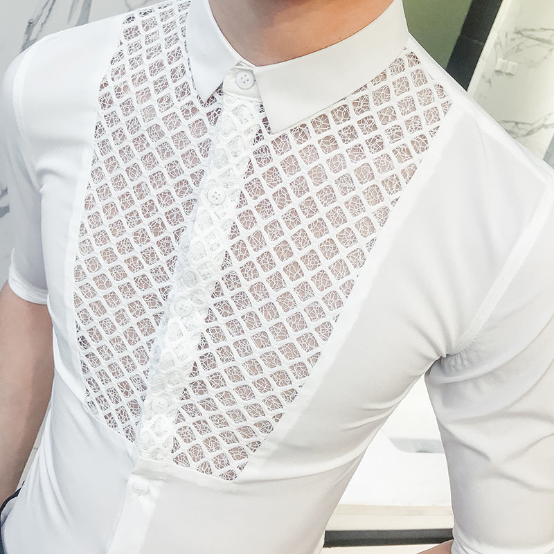 Chest Lace Details Men Slim Fit Short Sleeves Shirts - FanFreakz
