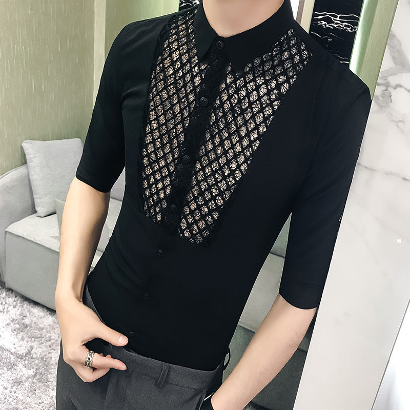 Chest Lace Details Men Slim Fit Short Sleeves Shirts - FanFreakz