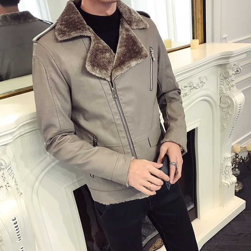 Black and Grey Warm Winter Casual Men Leather Jacket - FanFreakz