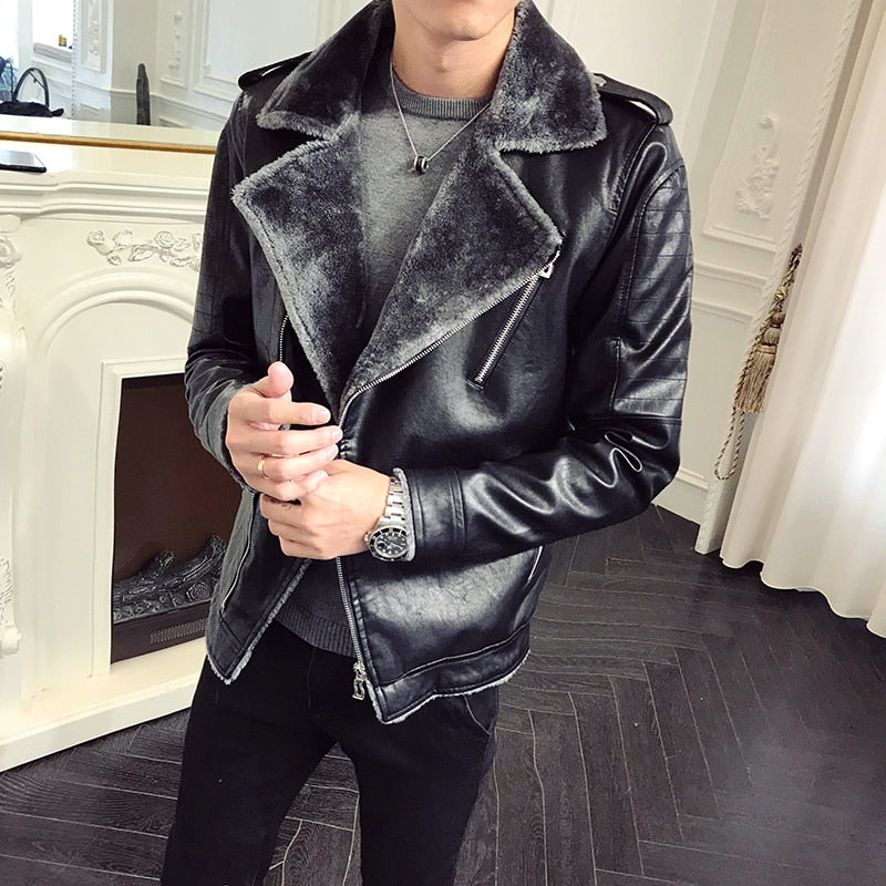 Black and Grey Warm Winter Casual Men Leather Jacket - FanFreakz