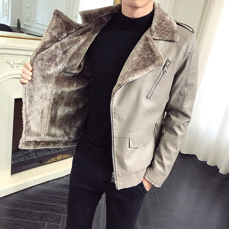 Black and Grey Warm Winter Casual Men Leather Jacket - FanFreakz