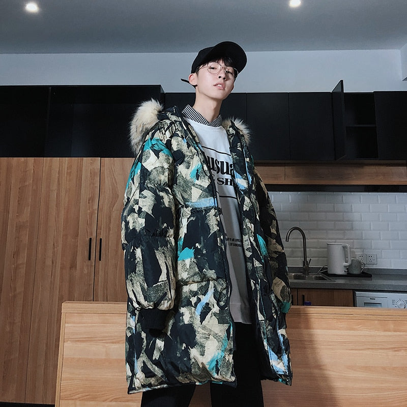 Fur Hoodie Abstract Printed Streetwear Style Men Warm Jacket