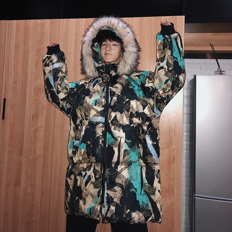 Fur Hoodie Abstract Printed Streetwear Style Men Warm Jacket