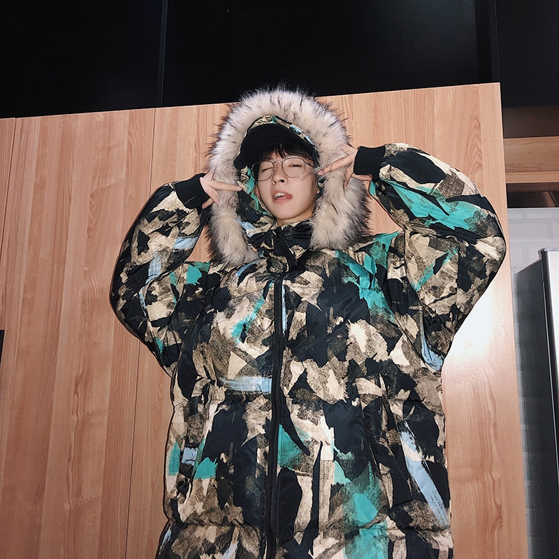Fur Hoodie Abstract Printed Streetwear Style Men Warm Jacket