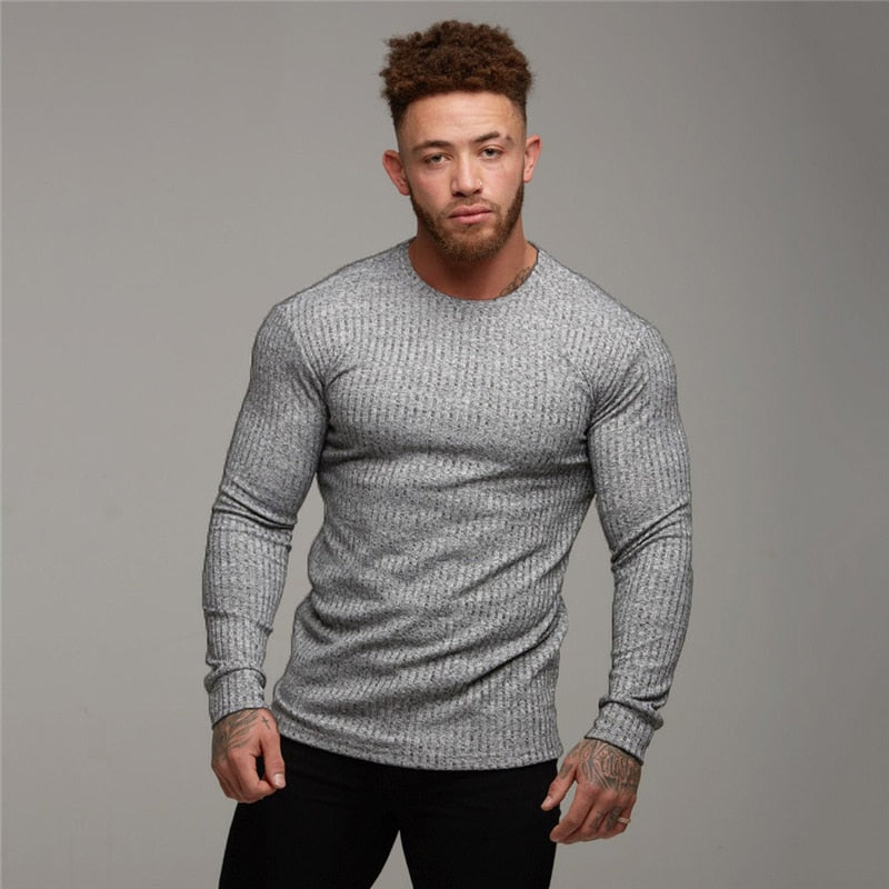 Ribbed Knit O Neck Men Slim Fit Pullover