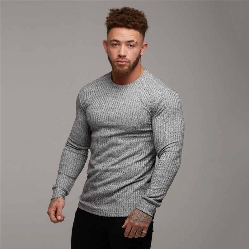 Ribbed Knit O Neck Men Slim Fit Pullover