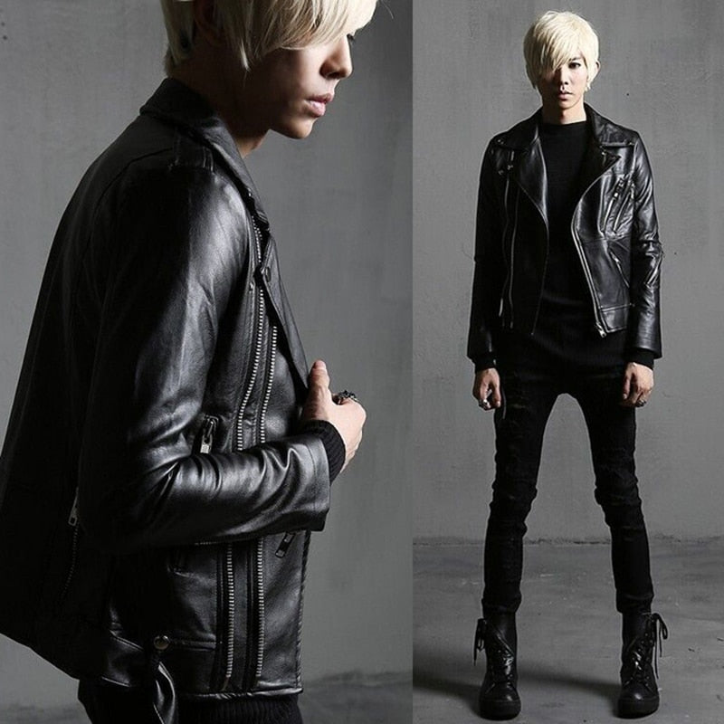 Punk Motorcycle Multi Zippers Slim Fit Style Men PU Jacket