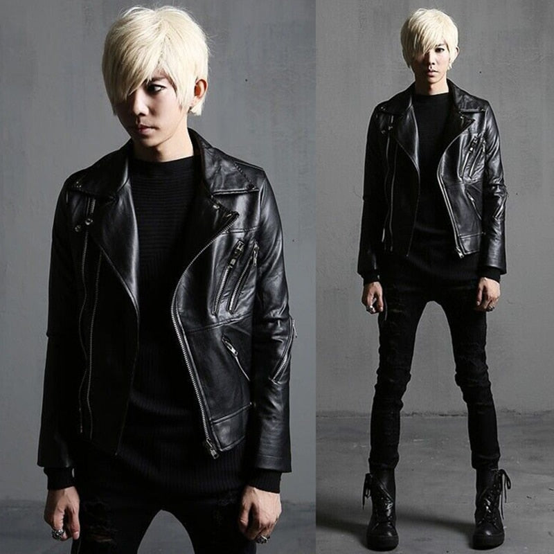 Punk Motorcycle Multi Zippers Slim Fit Style Men PU Jacket