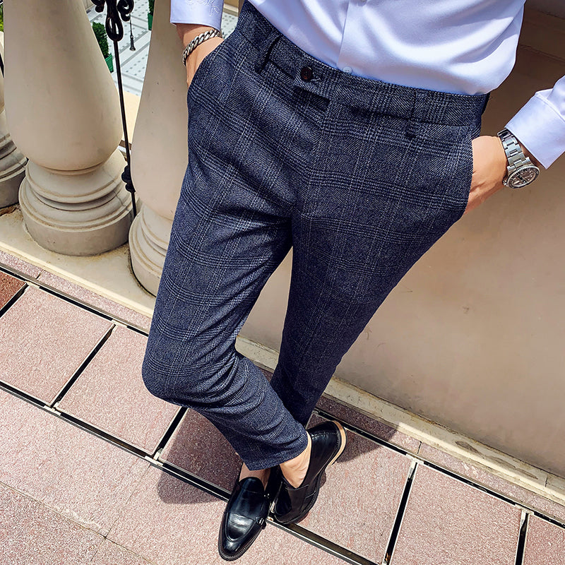 Classic Plaid Buttoned Waist Men Formal Trousers