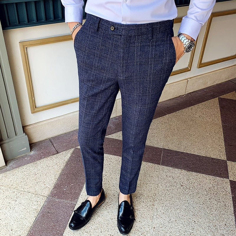 Classic Plaid Buttoned Waist Men Formal Trousers