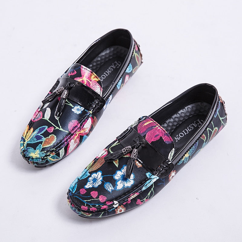 Casual Summer Floral in Black with Tassel Detail Men Loafers Shoes