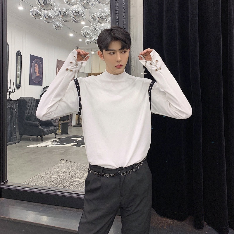 Cool White Black with Chain and Rivet Long Sleeve Pullover Shirts - FanFreakz