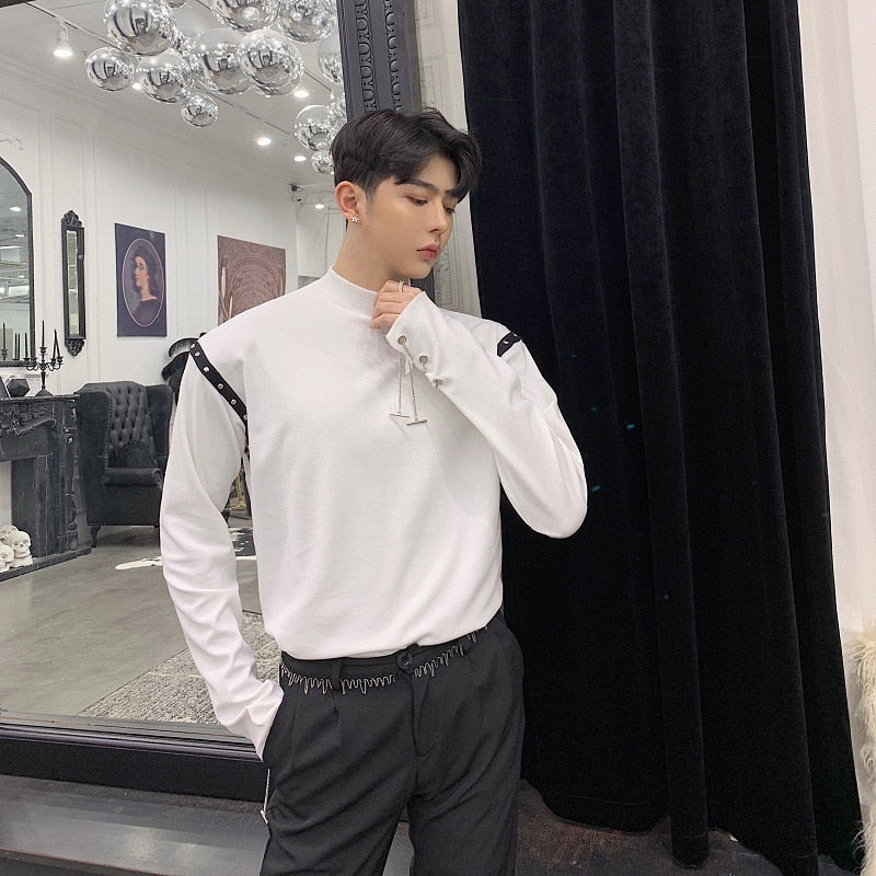 Cool White Black with Chain and Rivet Long Sleeve Pullover Shirts - FanFreakz
