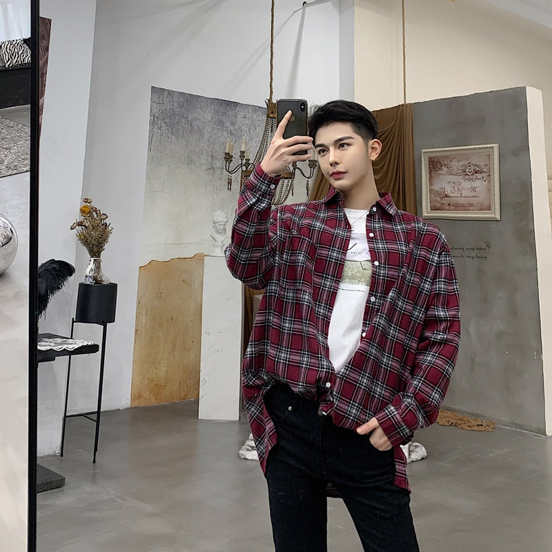 Plaid Retro Oversized with Back Button Men Long Sleeve Streetwear Shirt