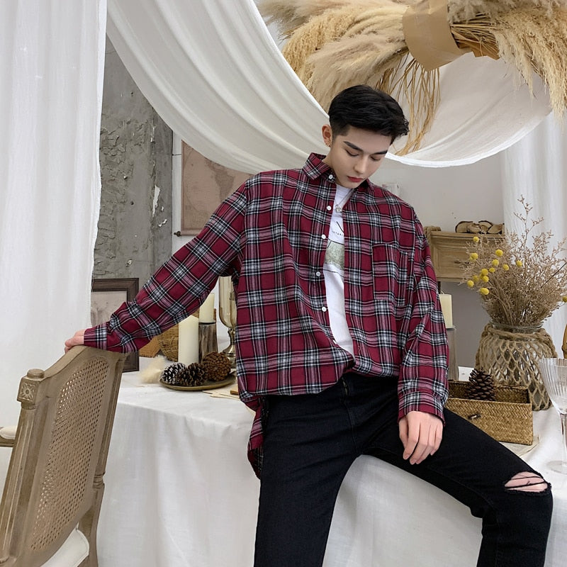Plaid Retro Oversized with Back Button Men Long Sleeve Streetwear Shirt