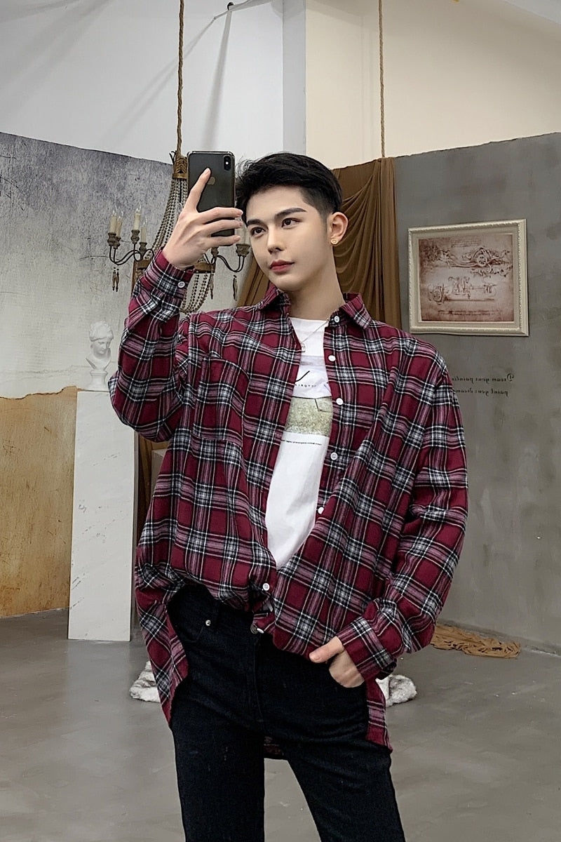 Plaid Retro Oversized with Back Button Men Long Sleeve Streetwear Shirt