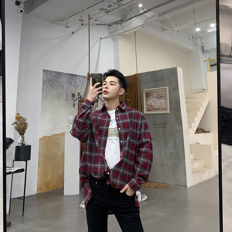 Plaid Retro Oversized with Back Button Men Long Sleeve Streetwear Shirt