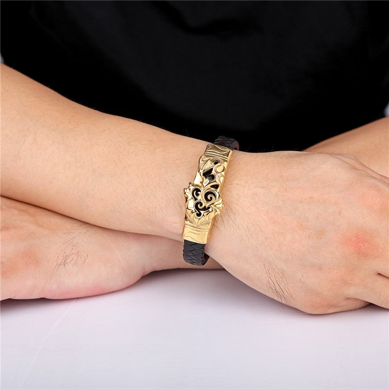 Gold Lion Punk Stainless Steel with Leather Rope Design Men Bracelet