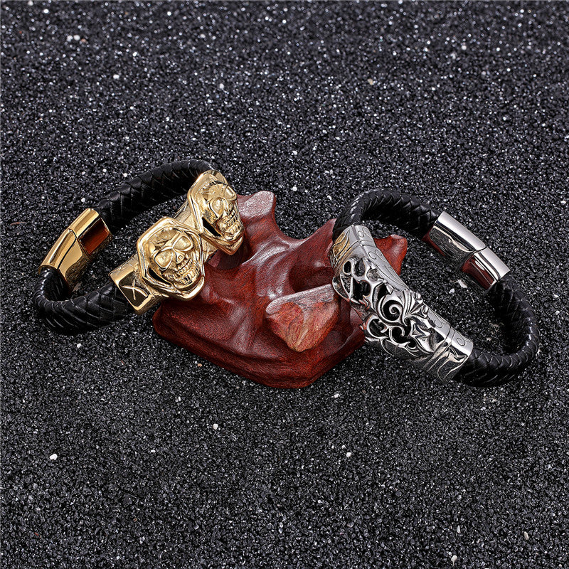 Gold Lion Punk Stainless Steel with Leather Rope Design Men Bracelet